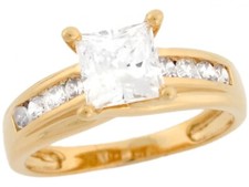 10k or 14k Real Solid Gold Square CZ Engagement Ring with Channel Set Accents