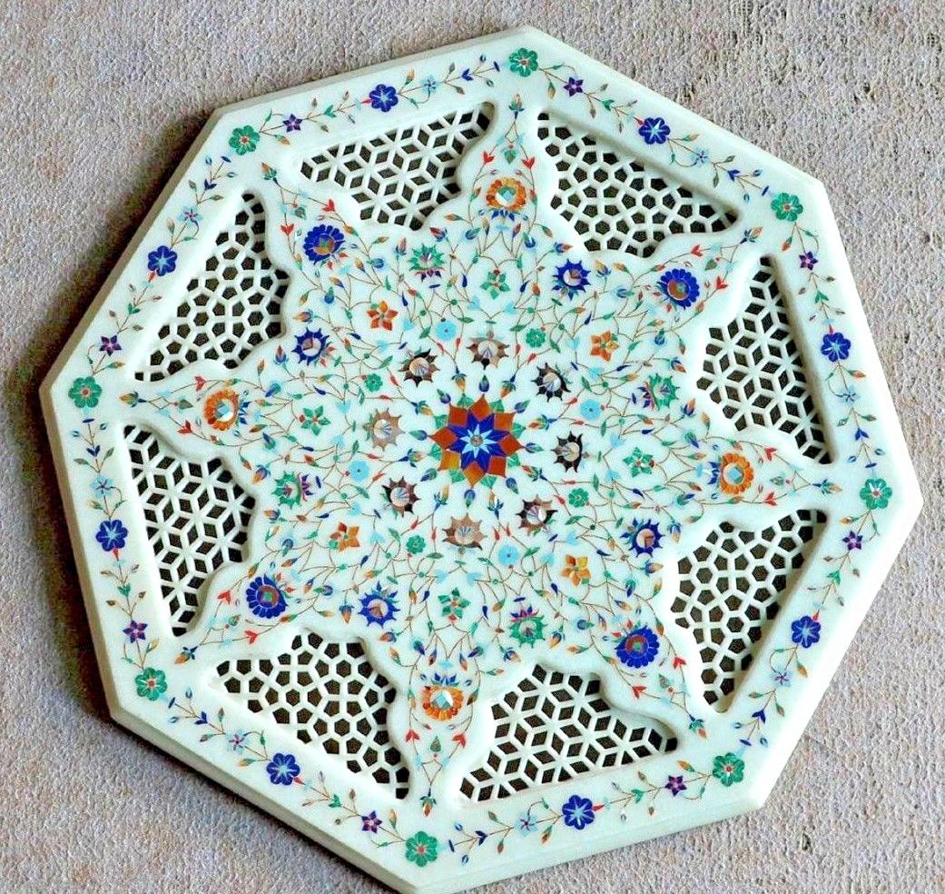 24-Inch White Marble Table Top with Floral Inlay Octagon Grill Design