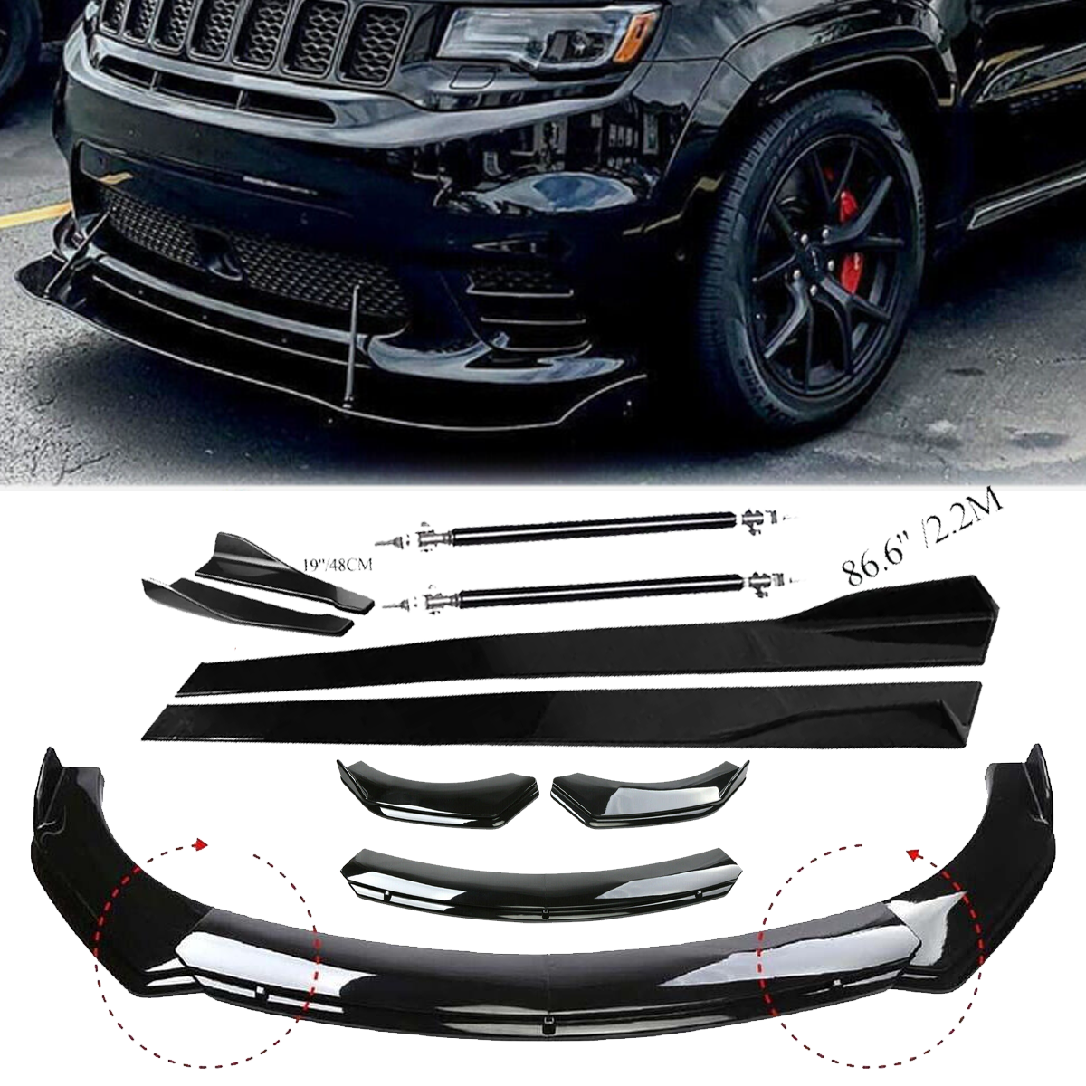 Jeep Compass 2007-2023 Front Bumper Lip Spoiler Splitter & Side Skirt Body Kit  