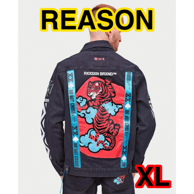 REASON BRAND CLOTHING Pink Tiger Black Jean Jacket ALLOVER REASON BRAND CLOTHING Pink Tiger Black Jean Jacket ALLOVER