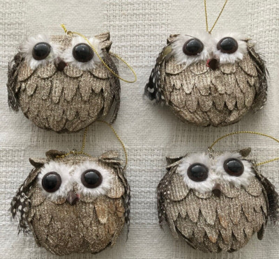 Set Of 4 Beautiful Glitter Feather Owl Christmas Ornaments Winter Lodge