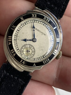 Rare Hamilton  1929 Spur 14k White Gold Enamel Mens Watch 19 Jewels 979