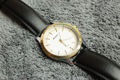Acqua By Timex Men s Watch Black Leather Strap Cream Dial Excellent
