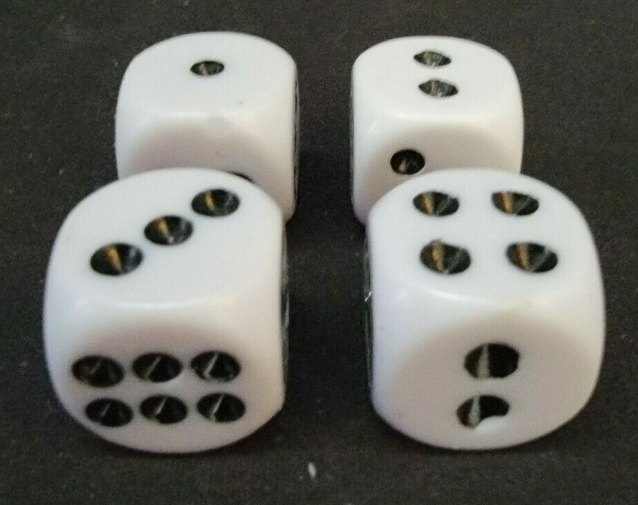 Koplow Games ~ Lot of 4  Six-sided Dice In White with Black Dots (D7)