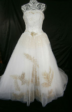 Santa Monica  0 Wedding Dress Ballgown White Organza Tulle Gold Leaves  Princess