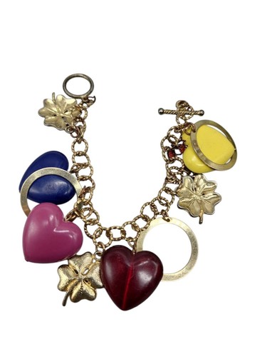 Chunky Hearts & Clovers Charm Bracelet Vintage Celluloid & Gold Tone 7.25" - Picture 7 of 7