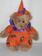 Vintage Halloween Teddy Bear Orange Purple Stuffed Animal Spiders PBC