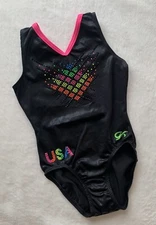 GK ELITE Gymnastics Leotard NEON BRIGHT Black RAINBOW Sizzle USA Bling SIZE:  CL