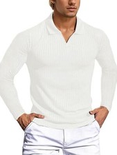 Mens V Neck Pol Shirts Long Sleeve Cotton Golf T-Shirts Ribbed Knit Soft Tees