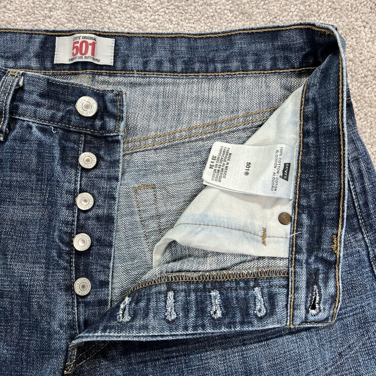 LEVIS 501 Jeans 33x34 (32x33) Blue Straight Button Fly Faded Denim