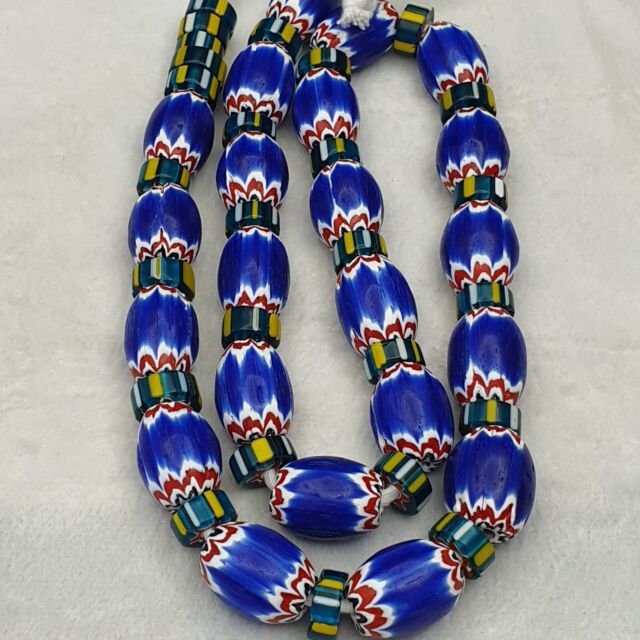 Vintage Venetian style Blue Chevron Glass Beads Big Size Long Strand