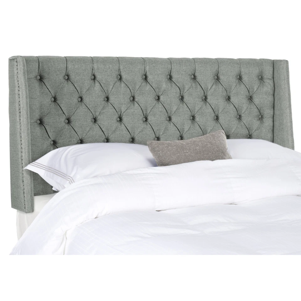 SAFAVIEH London Linen Tufted Winged Headboard Flat Nail Head | Grey | Twin | - Image 3 of 4
