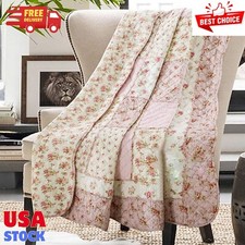 Original 100 Cotton Patchwork Quilt Twin Size Pink Floral Bedspread Coverlet...