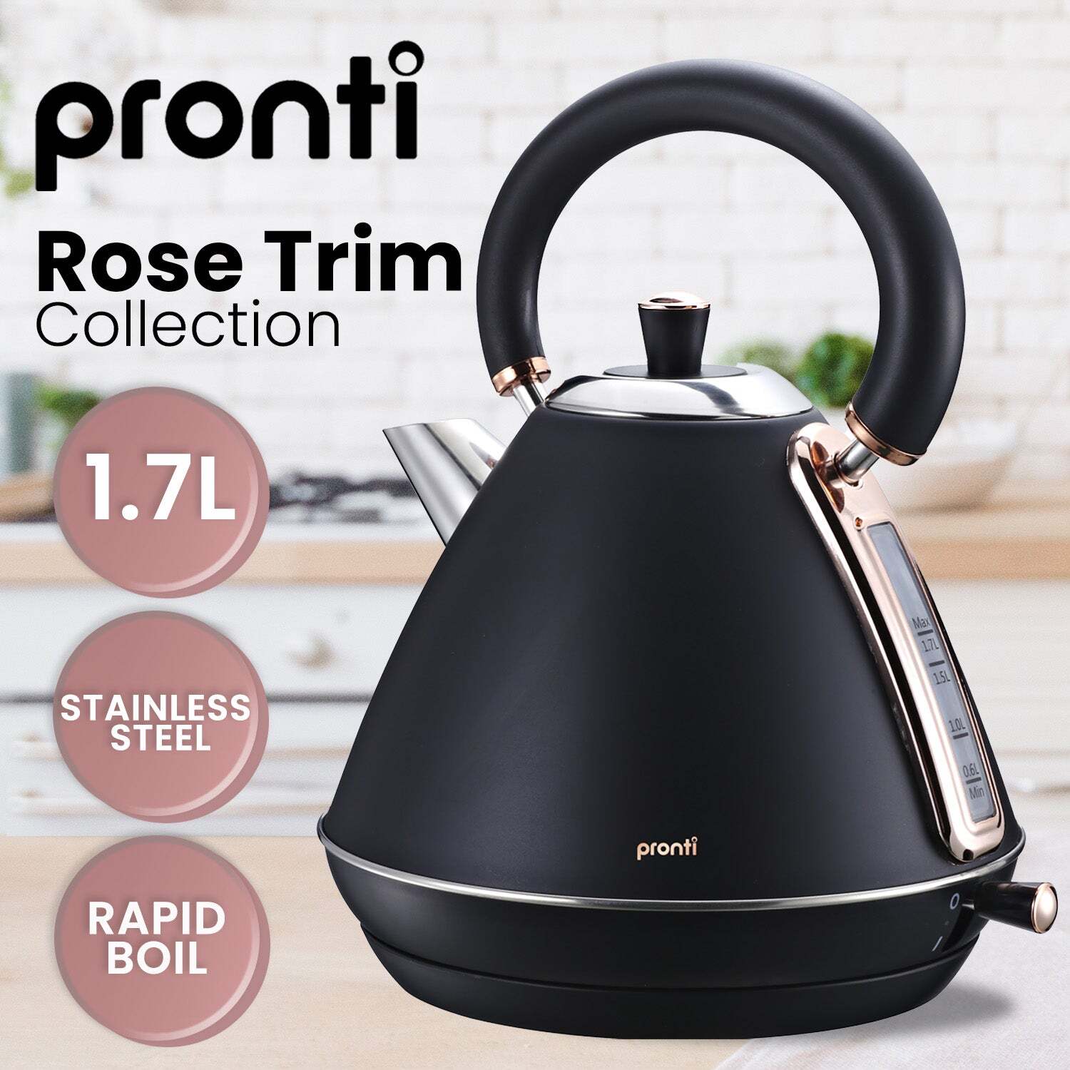 Pronti 1.7L Rose Trim Collection Kettle - Black | eBay Australia