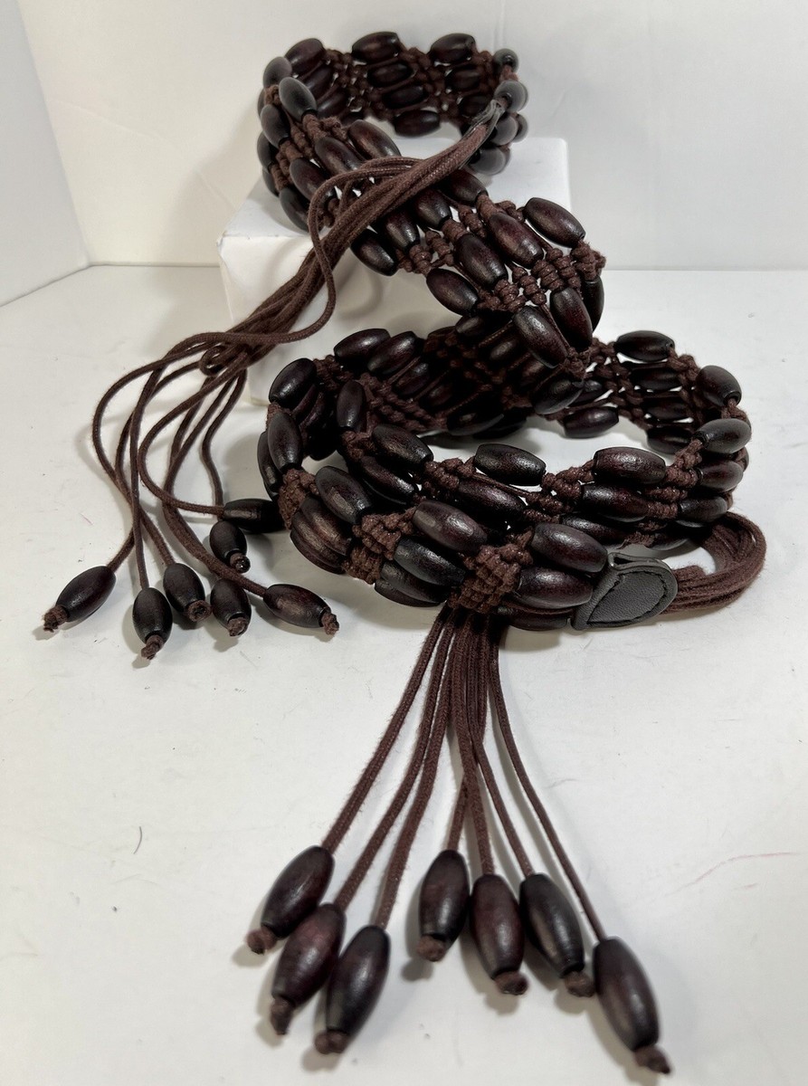 Vintage Dark Brown Beaded Tassel Tie Belt 35” + 10” Fringe  display picture 1