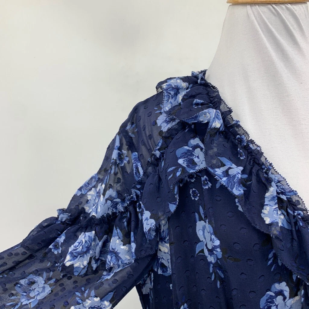 Abito donna Kate Spade 12 volant seta blu navy floreale maniche trasparenti a strati midi