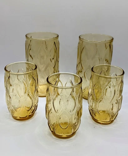 Vintage Anchor Hocking Honey Amber Diamond Quilt - 2 Tumblers, 3 Juice