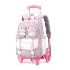 Cat Print Rolling Backpack for Girls Kids Backpack with Wheels 6 Wheels