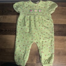 Vintage Healthtex 100 Cotton Green Gingham Romper 12 Mo W/ A Fruit Motif