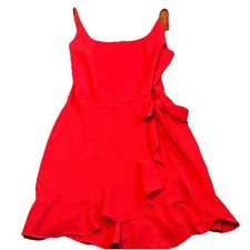 Women's Red Solid Wrap Mini Dress Square Neck Strappy Sleeveless Ruffle Bow S