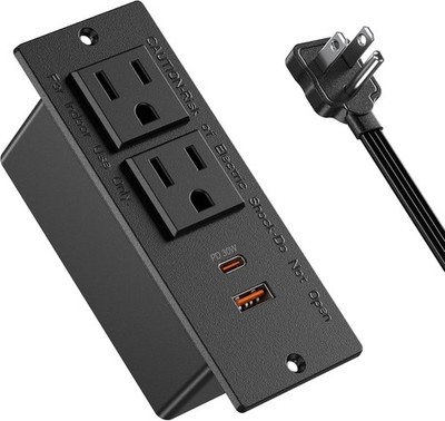 Regleta empotrada con USB-C PD 30W carga rápida, 2 puertos USB, 2 tomas AC, cabl