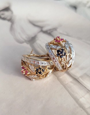 Pretty Flower Earring Round Lab Created Ruby Diamond 14K Two Tone Gold Plated