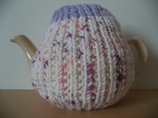 TEA COSY - HAND KNITTED SUITABLE FOR SMALL 1 to 2 CUP TEAPOTS -WHITE MIX / LILAC