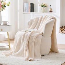 Cream White Chunky Knit Throw Blanket 60"x80" - Soft Cozy Thick Knitted Blank...
