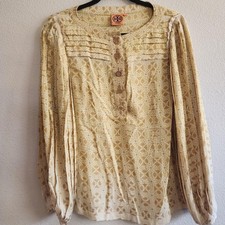 Tory Burch Blouse Womens 4 Yellow Geometric Pleated Silk Long Sleeve Boho Top