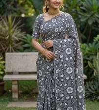Indian Handmade Hand Block Print Cotton Saree with Blouse for Summer Wear