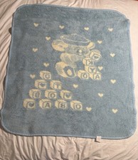 San Marcos Baby Blanket Bear Blocks Baby Blue White Reversible Acrylic Vintage