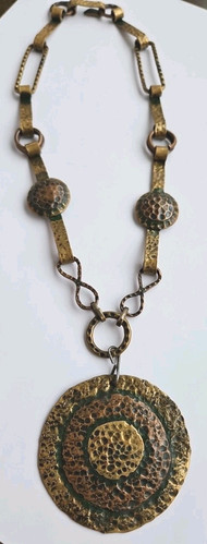 Vintage Maya Mexico Hammered Brass Copper Round Pendant Necklace (3-9)