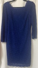 Adrianna Papell Dress Womens SZ 8 Royal Blue Lace Square Neck Sheer Long Sleeves