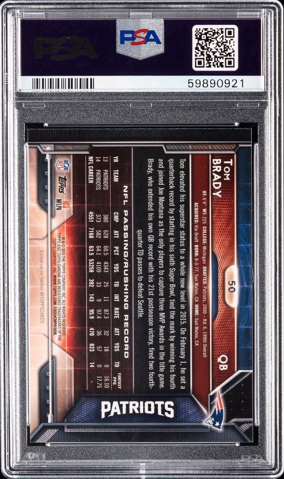 2015 Topps Chrome Tom Brady #50 Refractor PSA 10 GEM MINT Patriots view 4