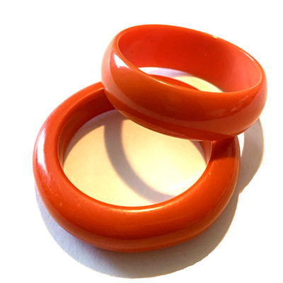 Vintage Bright Neon Orange Acrylic Bangle Bracelet Pair Chunky & Wide 80's Chic