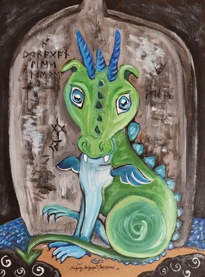 DRAGON Gravestone Original 9x12 Acrylic Painting Cardboard KSams Runes Fantasy