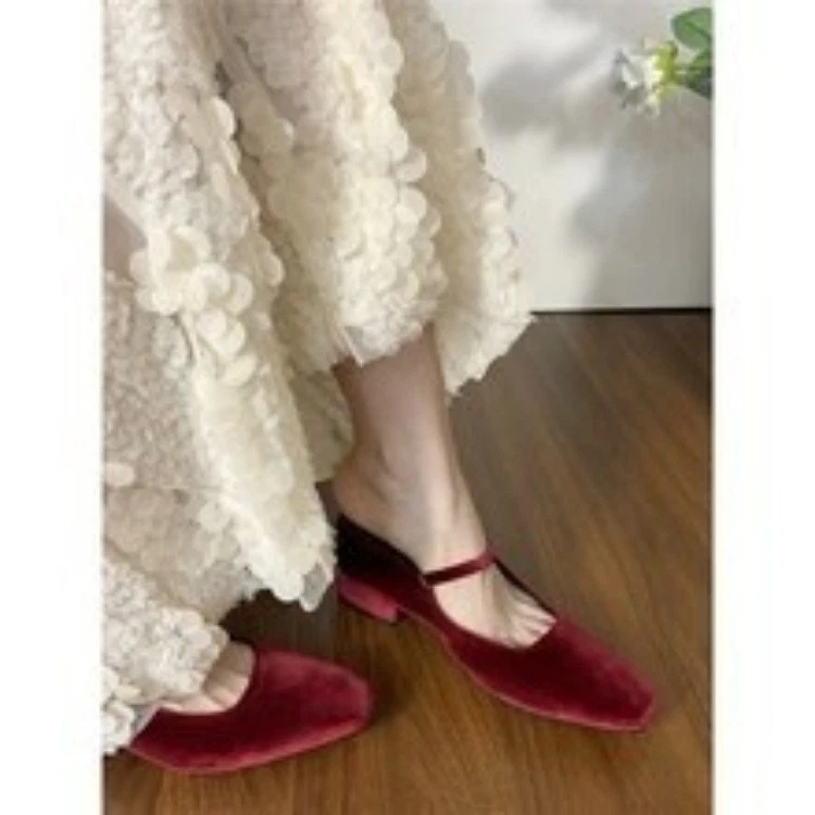 Zapatos Retro Terciopelo, Mary Jane Cabeza Cuadrada, Ballet Suelas de Cuero Real Zapatos de Mujer Foto 4 de 4