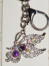 Crystal Rhinestone Butterfly Keychain Purse Charm Silver Tone AB Crystal