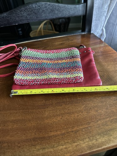 The Sak Red Pink Genuine Leather Crossbody Strap Wristlet + Crocheted Pouch - Picture 9 of 10