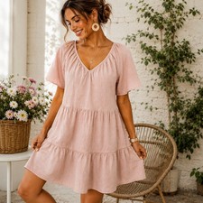 Madewell Linen Blend Lorelei Mini Dress Dusty Blush Tiered Pockets Size M