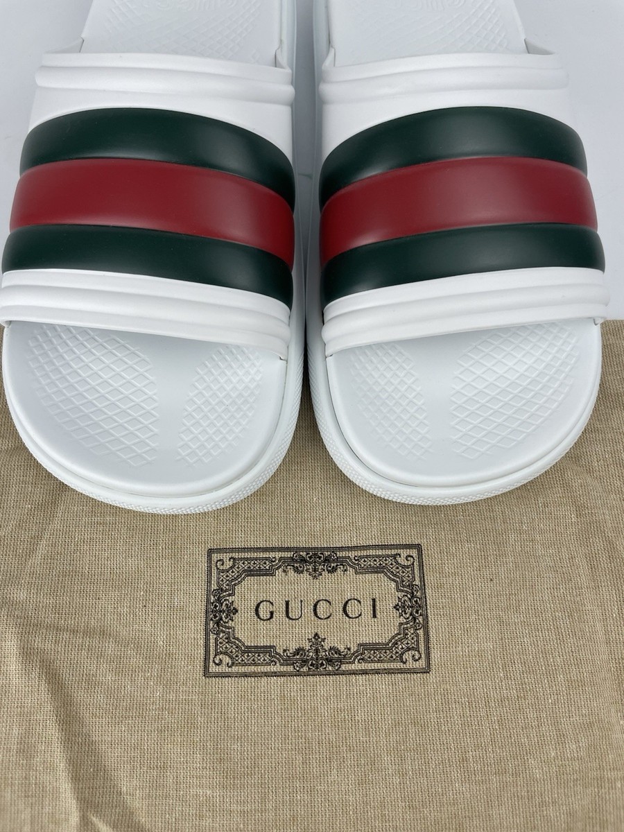 Gucci 780286 Ace Web White Rubber Slides Sandals Men's Size 9/US