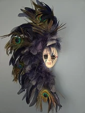 Clay Art Lady Blue Mask Feather Wall Art Handpainted Mardi Gras Vtg 1990s