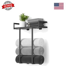 Towel Racks for Bathroom Wall Mounted, Metal Towel Holder with Wooden Shelf f...