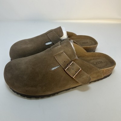 ALGF Genuine Suede Clogs Mules Size 7 7.5 Taupe Tan Cork Footbed New In Box NIB
