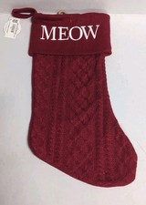 Christmas Stocking for Pet Cat Red Cable Knit White Meow Embroidery on Cuff New
