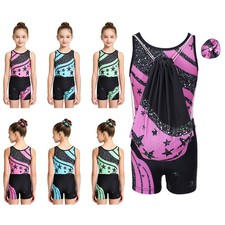 Kids Girls Leotard Dance Gymnastics Figure Ice Skating Bodysuit Headband Party