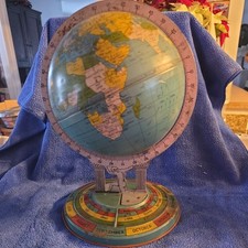 Vintage 1930's Ohio Art Tin Litho Metal World Globe Atlas Zodiac 10.5" Tall