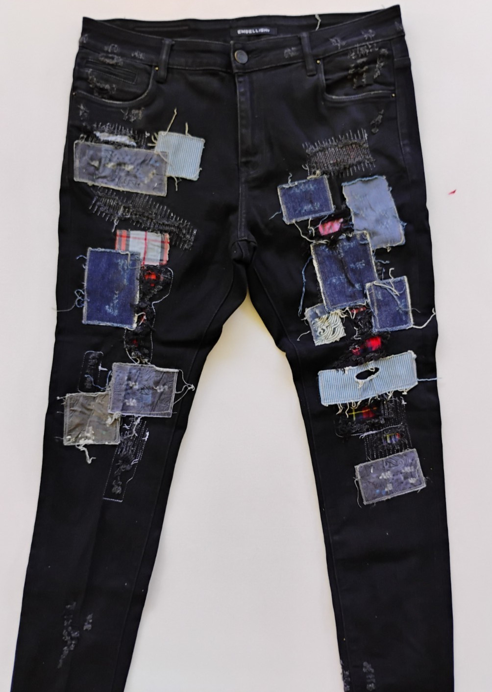 Embellish Nyc Men's Black Distressed Patchwork Skinny Jeans Size 36