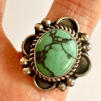 Navajo Turquoise Flower Ring Sz 6 Signed Priscilla Smith Native Amer Sterling