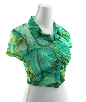 Heart & Hips Sheer Regular Junior's Casual Short Blouse Sheer Swirls Color Green
